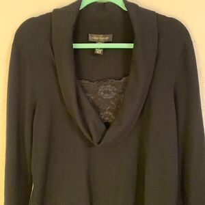 CABLE & GAUGE Black Tunic with Guipure Insert on the Chest. Size L